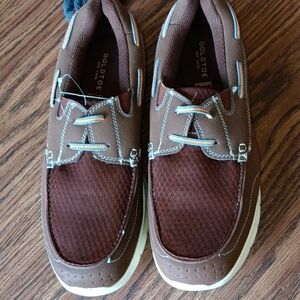 NWT Mens Memory Foam Boat Shoes, Brown, Orange&blue Trim, Sz 10E